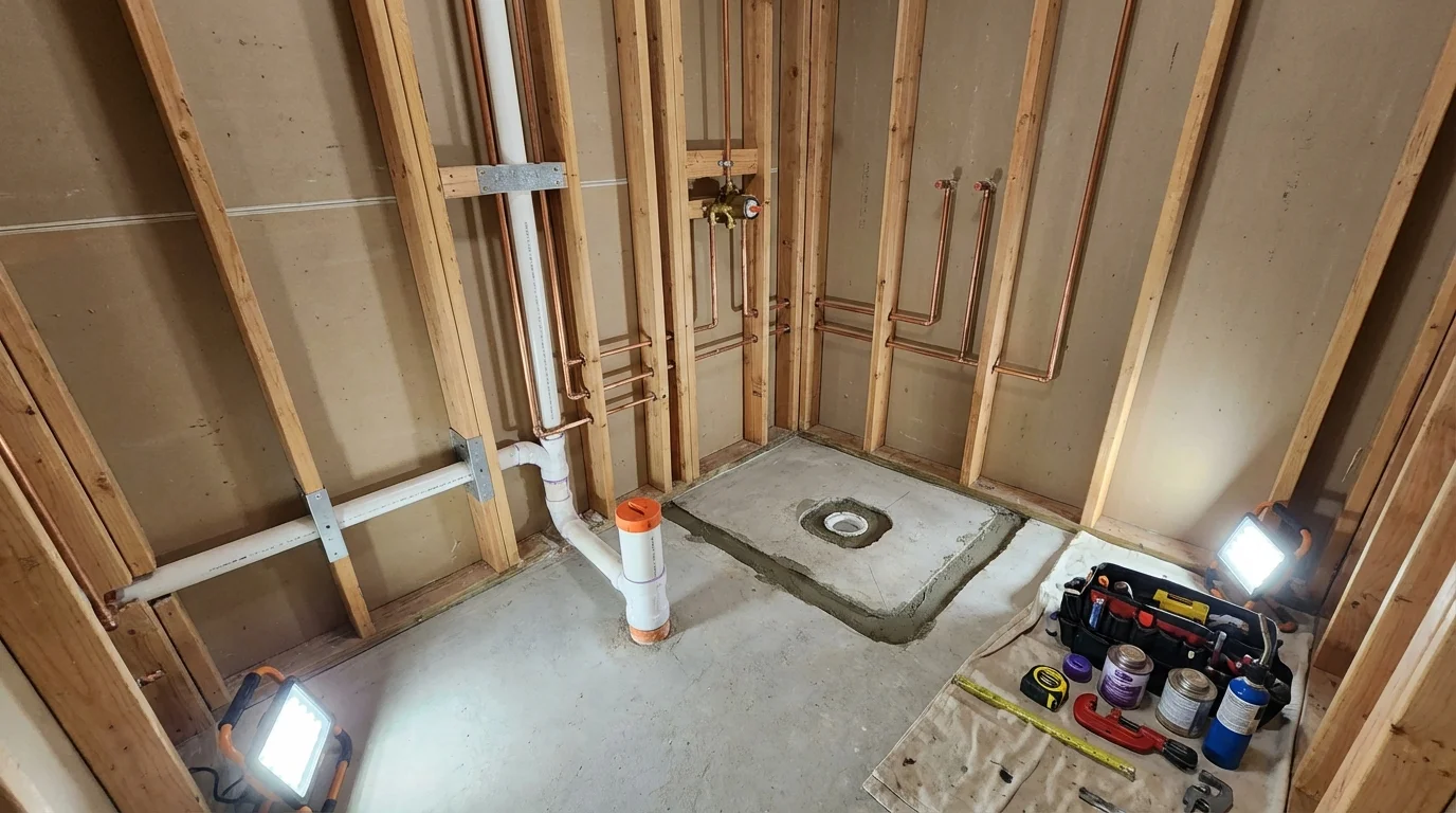 Bathroom rough-in plumbing during remodel by Johns Plumbing LLC in New Richland