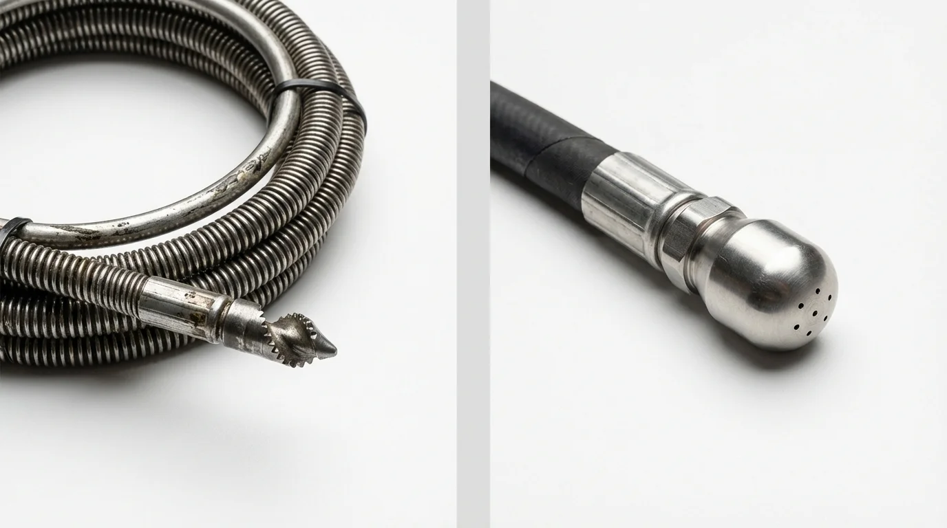 Drain snake cable and hydro jetting nozzle used for drain cleaning in New Richland, MN