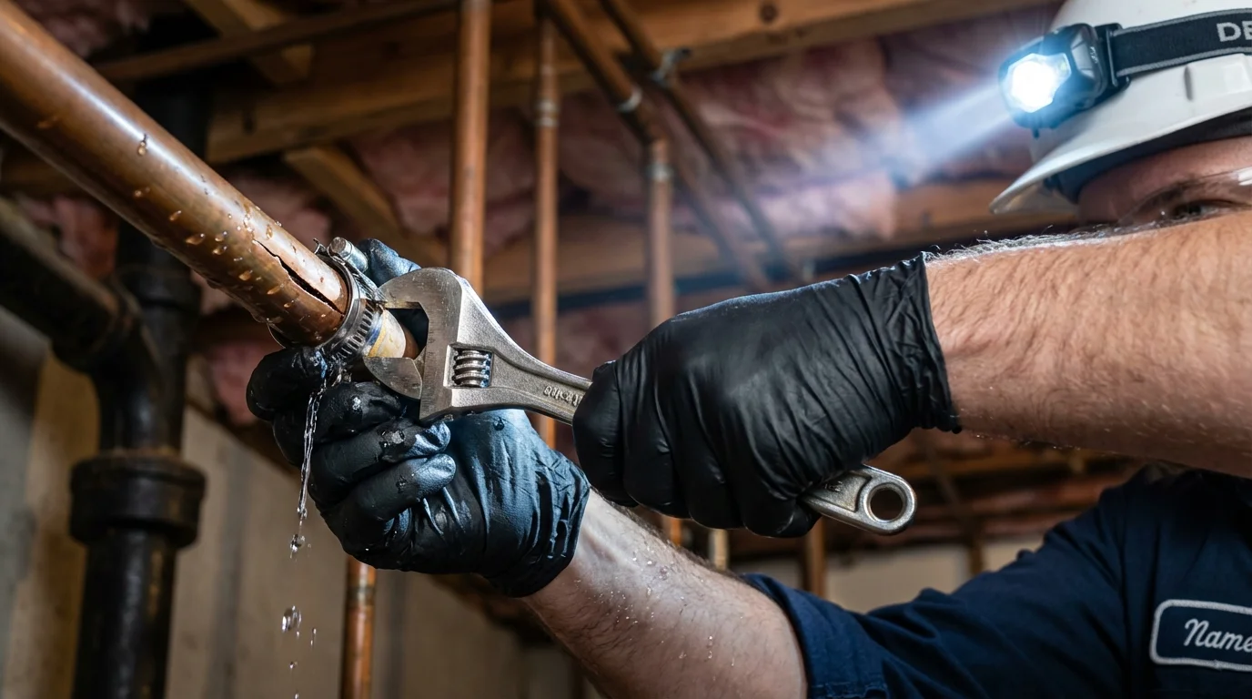 Emergency pipe clamp repair being performed by a Johns Plumbing LLC plumber in New Richland