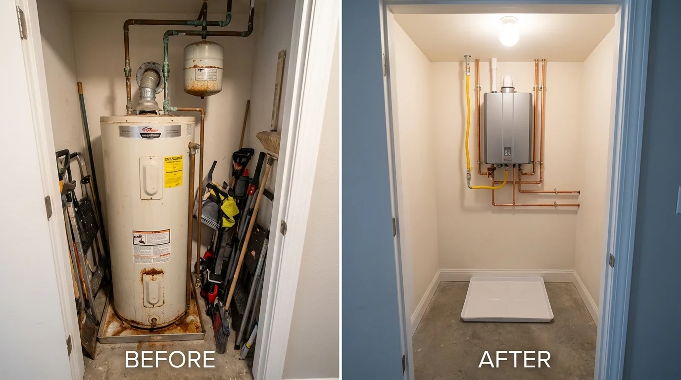 Tank water heater versus wall-mounted tankless unit comparison for New Richland, MN homeowners
