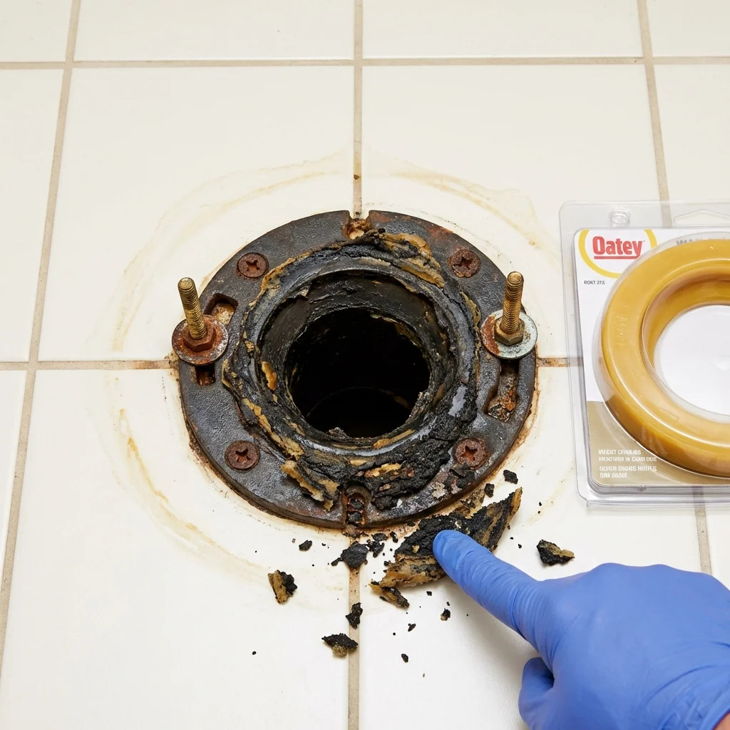 Failed wax ring showing water seepage at the base of a toilet in a New Richland, MN home