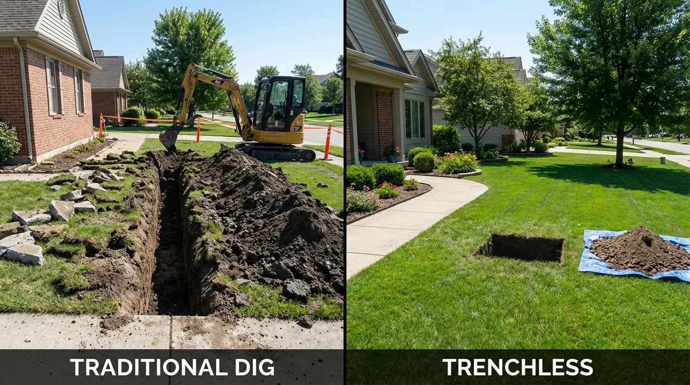 Trenchless sewer repair with minimal yard damage versus traditional excavation in New Richland, MN