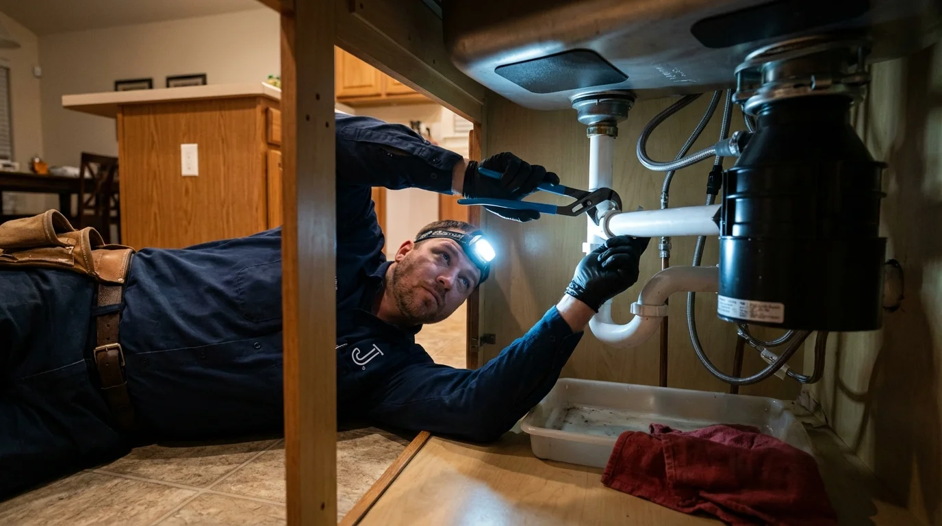 P-trap and supply line connections under a kitchen sink showing a common leak point in New Richland, MN